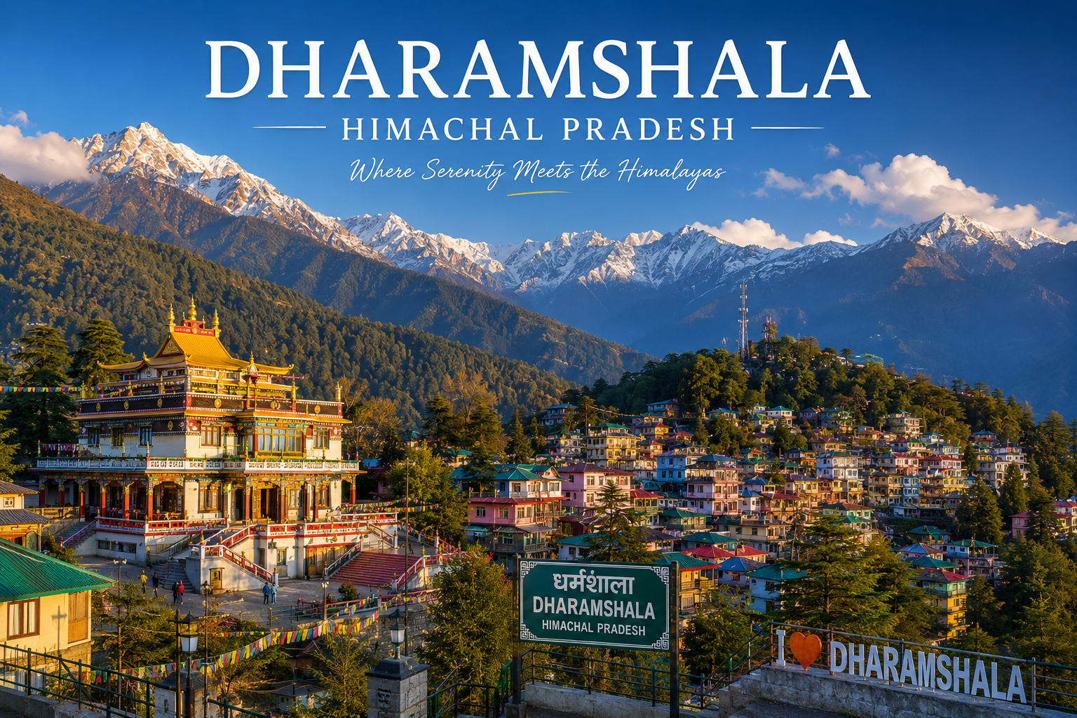 Dharamshala town with a gold-roofed temple and colorful hillside buildings against snow‑capped Himalayan peaks.
