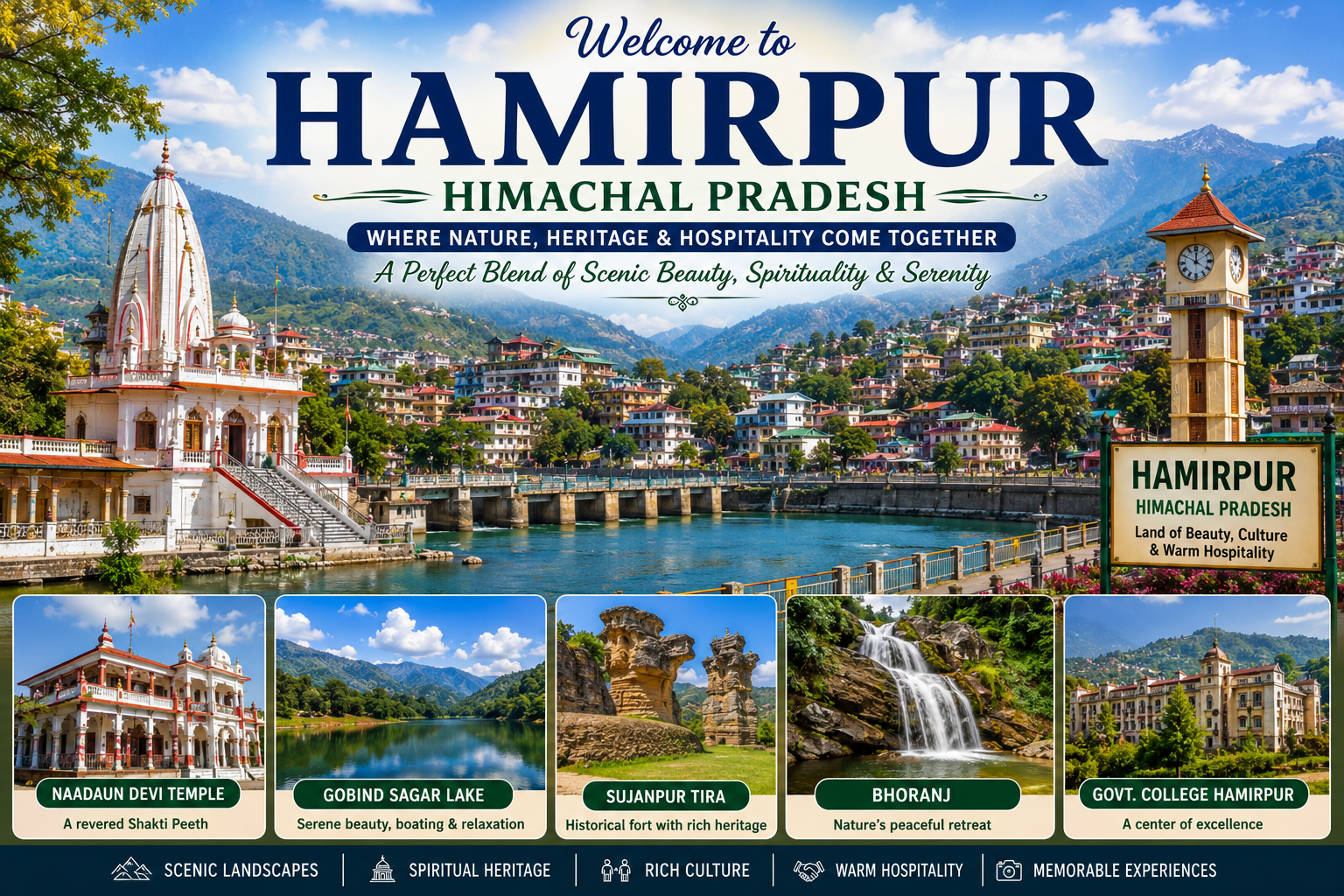 Promotional poster for Hamirpur, Himachal Pradesh with a temple by a river, hillside town, and welcoming signage highlighting nature and hospitality.