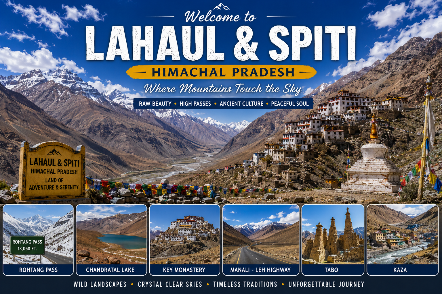 Hero banner promoting Lahaul & Spiti with snowy mountains, blue sky, and a yellow sign reading 'Lahaul & Spiti – Land of Adventure & Serenity'