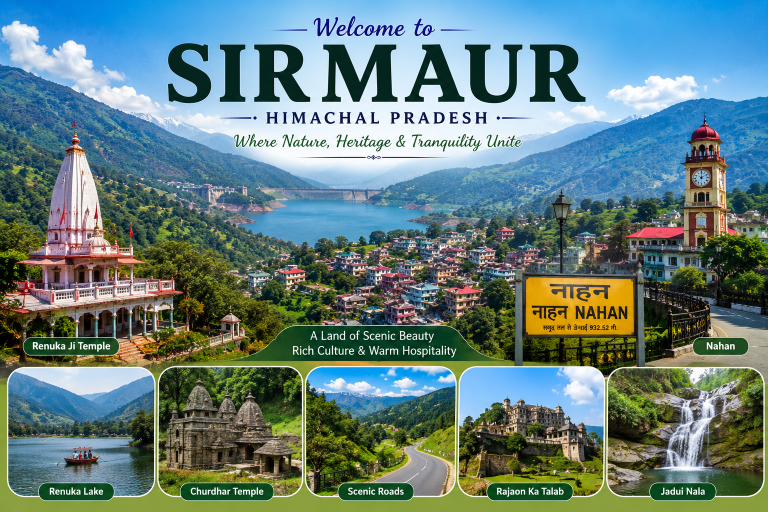 Promotional collage for Sirmaur, Himachal Pradesh: scenic hills, lake, temples, and townscape with markers for Renuka Lake, Churdhar Temple, Scenic Roads, Rajaon Ka Talab, Jadui Nala, and Nahan sign.