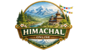 Brand logo for Himachal Online showing a circular landscape with snow-capped mountains, a wooden temple, and prayer-flags, with ‘HIMACHAL ONLINE’ text central.