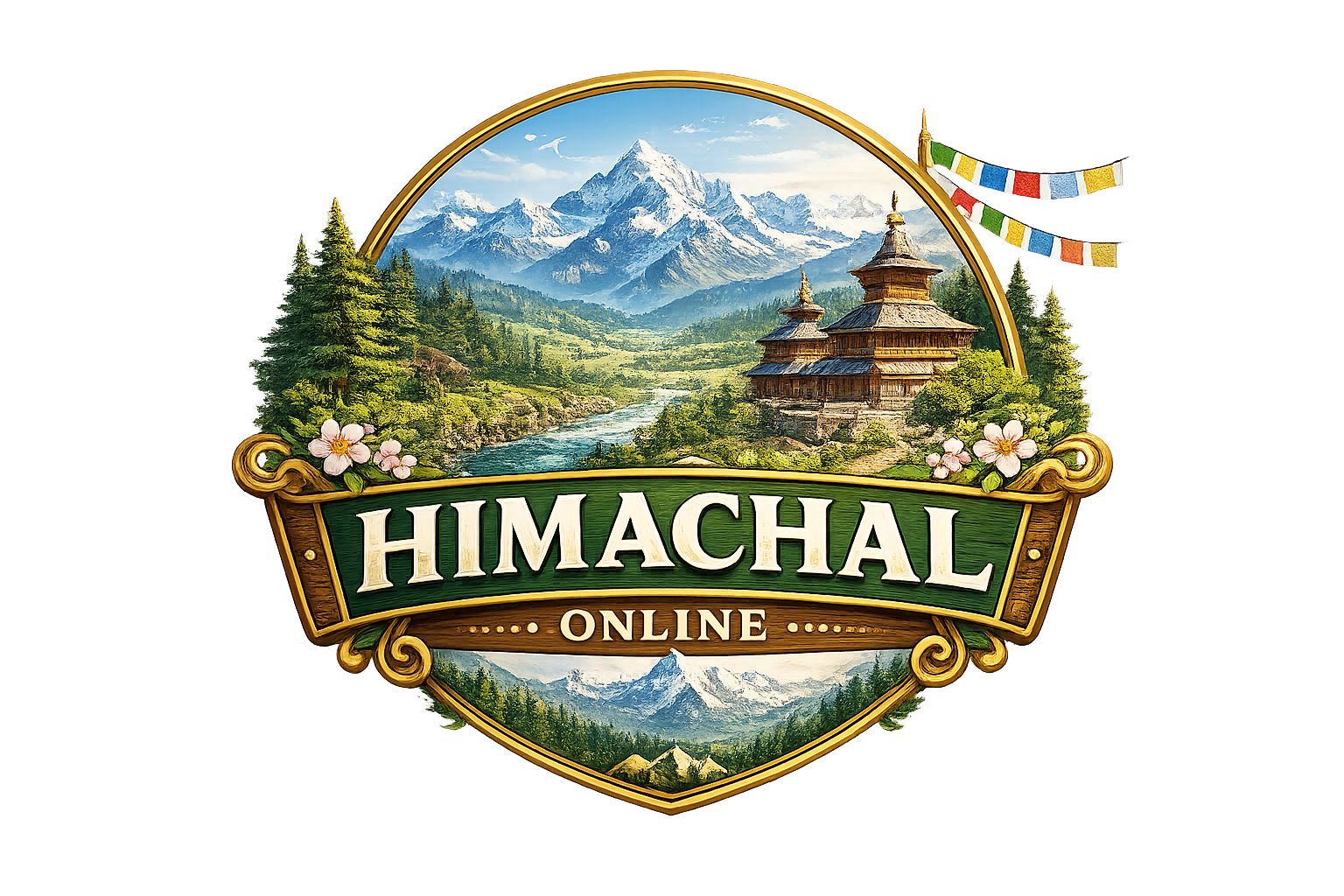 Round emblem with Himalayan mountains, a wooden temple, river and trees, pink flowers, and a gold frame reading 'HIMACHAL ONLINE'